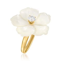 Ross-Simons - Italian Mother-of-Pearl, .30ct Cubic Zirconia Flower Ring Over Sterling. Size 6. A gorgeous statement piece for your jewelry box, this ring features a silky 23x23mm carved mother-of-pearl flower embellished with a radiant .30 carat round brilliant-cut CZ center. Made in Italy in polished 18kt yellow gold over sterling silver. 7/8" wide. CZ and mother-of-pearl flower ring. CZ weights are diamond equivalents. Pearl birthstones are the perfect gift for June birthdays. Pearl Flower Ring, Mother Of Pearl Ring, Pearl Birthstone, Pearl Flower, Flower Ring, Pearl Ring, Round Brilliant Cut, Flower Earrings, Round Brilliant