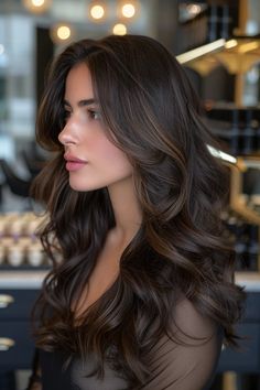 36 Stunning Espresso Brown Hair Color Hairstyles for Every Hair Length Dark Brown Full Hair Color, Deep Brown Dimensional Hair, Dark Brown Hair Color With Dimension, Winter Balayage Black Hair, Black Hair With Bronze Highlights, Low Dimension Balayage, Natural Balayage On Dark Hair, Rich Brown Long Hair, Moon Lights Hair