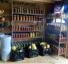 the shelves are filled with various types of jars and containers full of fruits and vegetables