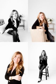 four photos of women sitting in chairs and posing for the camera with their hands on their hips