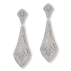 Radiance by Absolute™ 1.98ctw Art Deco Chandelier Drop Earrings Break out the fringe dresses and T-strap pumps. This diamond-inspired drop shows off a shape-conscious, Deco look that's all about jazz-age panache.       Each approx. 2-1/16"L x 9/16"W     Stamped .925 sterling silver; rhodium plating; polished finish      Pierced with clutch backs      Bead- and pave' settings; kite-shaped chandelier drop   Stone Information      All sizes and weights, including diamond equivalent weights (DE), ar Fringe Dresses, Deco Chandelier, Art Deco Chandelier, Jazz Age, Signature Jewelry, Fringe Dress, Strap Pumps, The Fringe, Jewelry Collection