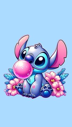 an adorable little stitchy elephant with pink flowers on it's belly, sitting in front of a blue background