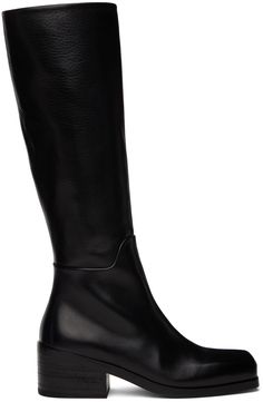 Knee-high grained leather boots in black. · Square toe · Zip closure at inner side · Stacked leather heel with rubber injection · Leather sole · H2.25 Supplier color: Black Black Boots Knee High, Womens Tall Black Boots, Womens Square Toe Boots, Tall Black Boots, Womens Tall Boots, Chain Strap Bag, Black Knee High Boots, Black Boots Tall, Square Toe Boots