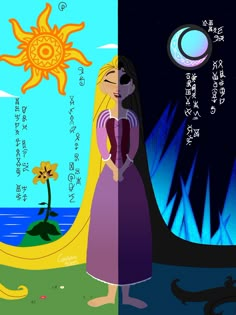 an image of a woman standing in front of the sun and moon with her hands on her hips