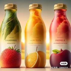 three different types of juices are shown in this image, one is orange, the other is raspberry