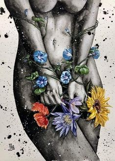 a painting of a person holding flowers in their hands and the body is covered with water droplets