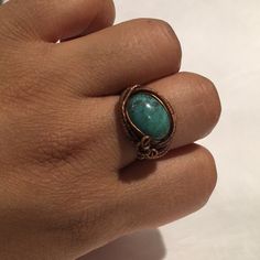 Wire Wrapped Heady Style Ring. I Used Copper Wire To Wrap/Weave This Turquoise Cabochon And Oxidized It For A Vintage Effect. Ring Band Has A Woven Style. Size 6.5. Wire Wrap Ring, Vintage Effect, Diy Wire Jewelry, Wrap Ring, Copper Turquoise, Handmade Wire Jewelry, Wire Wrapped Rings, Handmade Wire, Ring Band