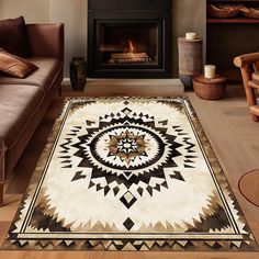 a living room with a fire place in the fireplace and rugs on the floor