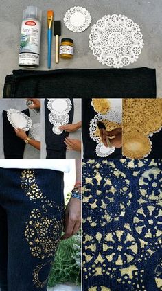 the instructions to make crochet doily on fabric are shown in several different pictures