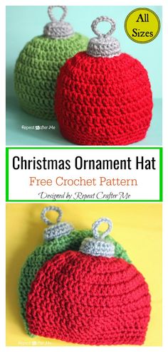 two crocheted christmas ornaments are shown with the text, christmas ornament hat free crochet pattern