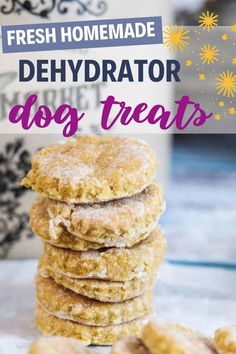 fresh homemade dehydraator dog treats stacked on top of each other with text overlay