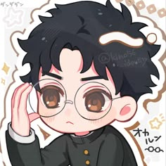 an anime character with glasses and a black jacket on holding his hand up to his ear