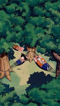 two anime characters laying on top of each other in the air with trees behind them