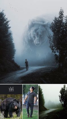 a man walking down a road next to trees and a large bear in the fog