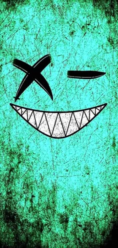 a green background with a face drawn in the shape of a smile and two scissors sticking out of it's mouth