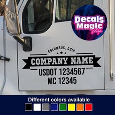 the side of a truck with an image of a company name on it and colors available