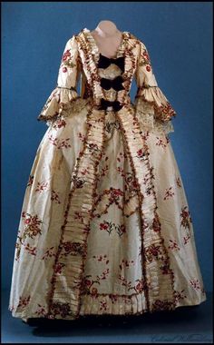 Woman's petticoat of ivory silk lustring( taffeta) with brocaded floral bouquets (in reds, rose, purple, blues, yellow, greens) entertwined with ivory weft-float patte … Gown Ruffles, Sleeve Ruffles, Williamsburg Virginia