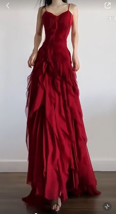 Red Fluffy Dress, Deep Red Prom Dress, Clothing Cabinet, Pretty Homecoming Dresses, Red Ruffle Dress, Dream Prom Dress, Jazz Dress, Pretty Little Dress