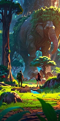 two people are walking in the jungle with an elephant and other animals behind them on a sunny day