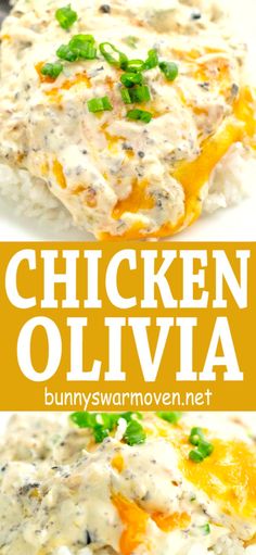 chicken and cheese casserole on a white plate with the words chicken oliva above it