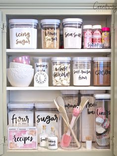 a shelf filled with lots of different types of jars and containers on top of each other