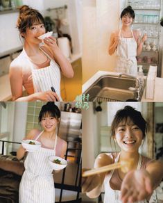 four pictures of a woman in white dress eating food and drinking from a cup with chopsticks