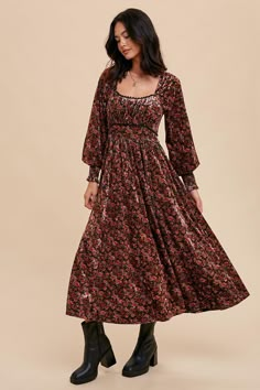 Floral Print Velvet Maxi Dress Smocked Sleeve, Square Neck Midi Dress, Velvet Maxi Dress, Velvet Maxi, Style Inspiration Fall, Corduroy Dress, Long Puff Sleeves, Scalloped Lace, Flowy Dress