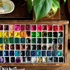 a wooden box filled with lots of different colored crayons next to a potted plant