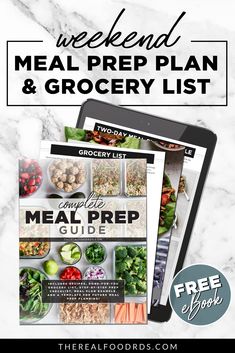 the meal prep plan and grocery list is displayed on a tablet screen with text overlay