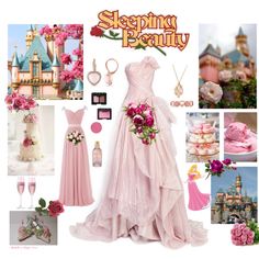 there is a collage with pink and purple items in the image, including dresses, shoes, jewelry, and flowers