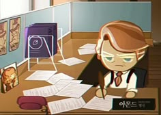 a cartoon character sitting at a desk with papers on the table and other items in front of him