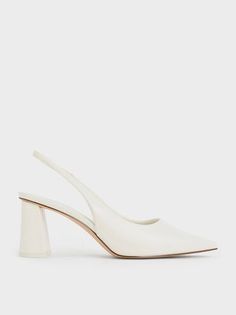 White Elastane Trapeze Heel Slingback Pumps | CHARLES & KEITH Charles And Keith White Heels, White Close Toed Heels, Work Baddie, White Shoes Wedding, White Slingback Heels, White Heels Outfit, Wedding Shoes Block Heel, Reception Shoes, Bridal Closet