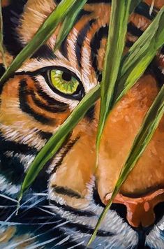 a painting of a tiger with green eyes