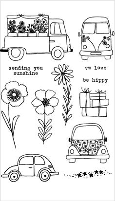 the stamps are designed to look like cars and flowers, with words that say i love you