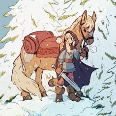 an image of a woman walking with a horse in the snow and another person standing next to her