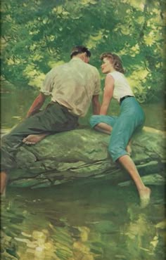 a painting of two people sitting on a rock in the water