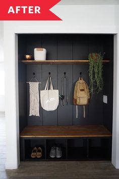 a coat rack with shoes and purses on it, before and after remodeling