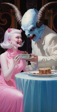 a painting of two people sitting at a table with food in front of them and an alien eating cake