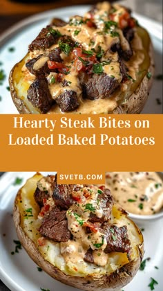 hearty steak bites on loaded baked potatoes