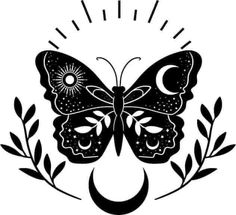 a black and white image of a butterfly with the moon in its wings, surrounded by leaves