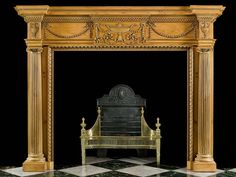 an ornate fireplace with a bench in the middle