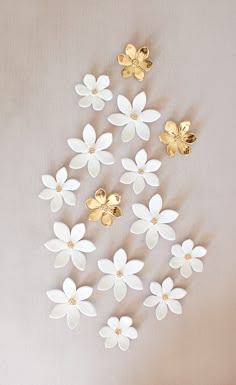 white and gold flowers are arranged on the wall