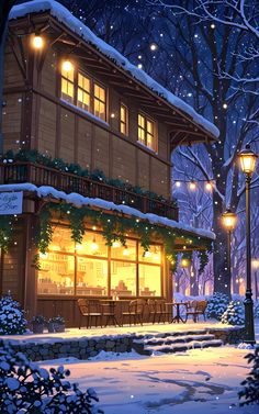 a painting of a winter scene with a lit up restaurant