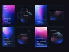 six different types of brochures with blue, pink and purple colors on them