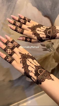 two hands with henna tattoos on them, one is showing off the intricate design