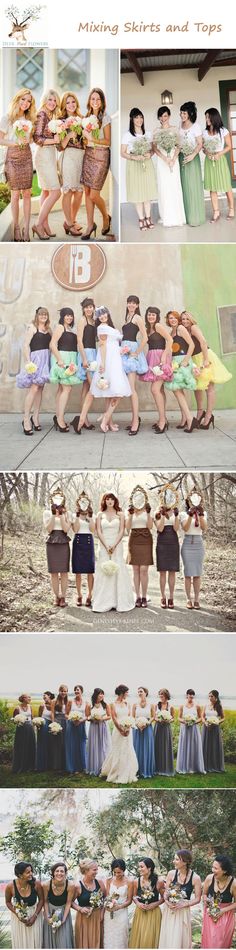 some people are posing for pictures in their dresses and skirts, one is holding a flower bouquet