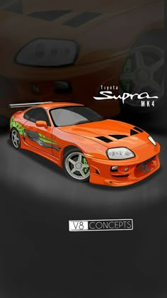 an orange sports car is shown in this graphic art work, it appears to be from the 1990s or early'80s