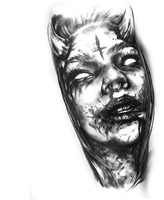 a black and white drawing of a woman's face with blood on her cheek