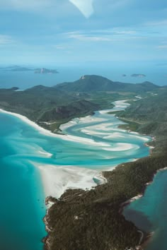 an aerial view of the white sand beaches and lagoons in australia's whit island