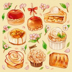 a painting of different types of desserts and pastries